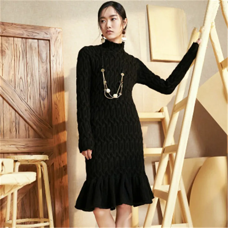 100%hand made pure wool turtleneck knit women fashion a-line solid slim H-straight long fishtail skirt sweater one&over size