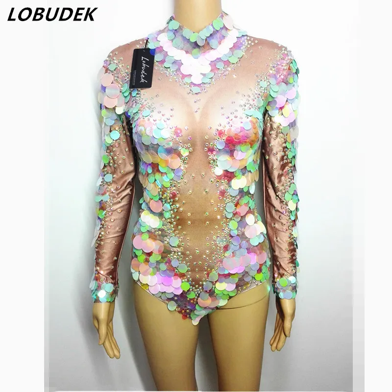 

female Bodysuit sexy costume Bright Crystals fish scale sequins stones for singer dancer nightclub Stag Party performance wear