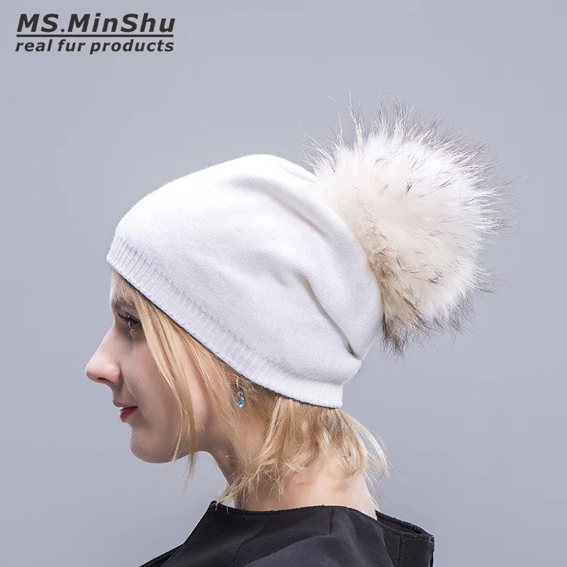 Ms. MinShu, кашемировые шапки для женщин, помпон, шапочки, меховая шапка, женские теплые шапки с натуральным мехом енота, помпон, шапка для взрослых