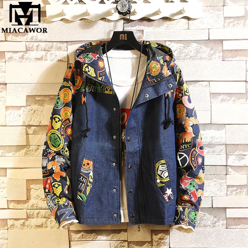 Мужская джинсовая куртка с капюшоном MIACAWOR весенняя цветочным принтом верхняя