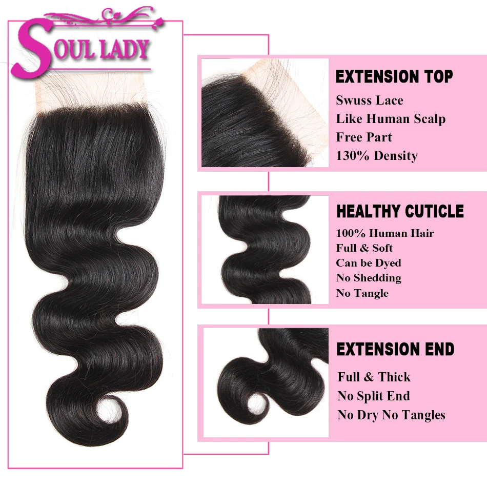 Soul Lady бразильские волнистые кружевные закрытые волосы, не Реми, 130% плотность, 4X4, часть, верхнее закрытие "-20", человеческие волосы