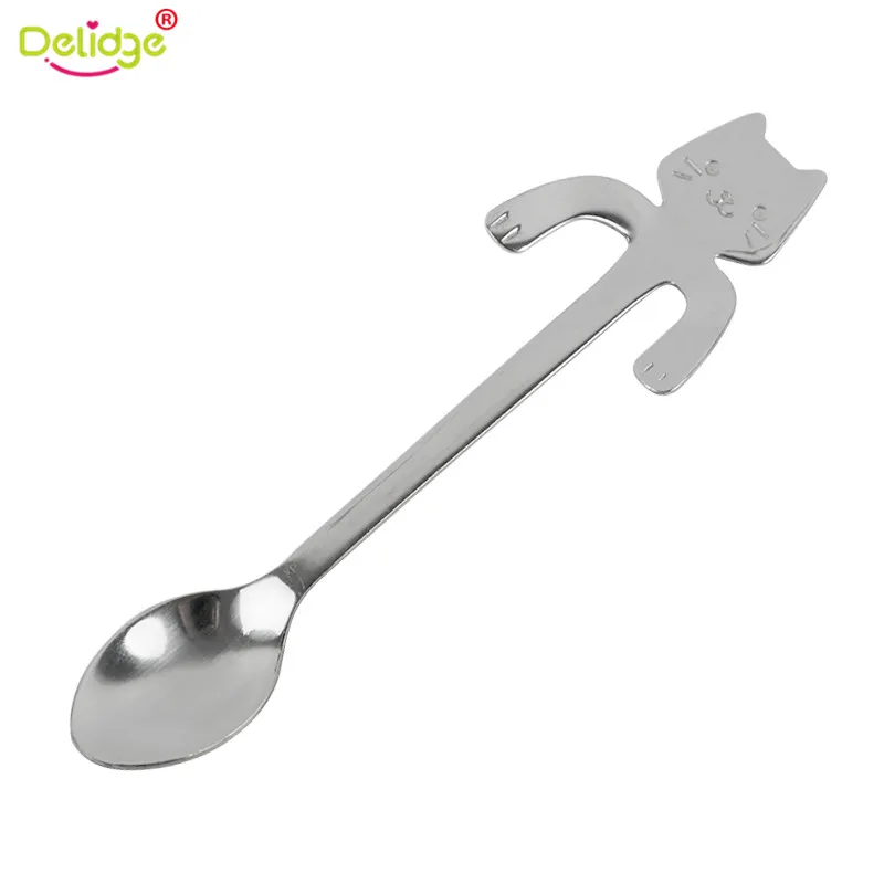 silver Delidge 1 шт. 5 цветов с изображением кота мини Кофе ложка Нержавеющая сталь Творческий Чай десертов ложки с длинной ручкой, ложка, кухонная посуда - Цвет: silver