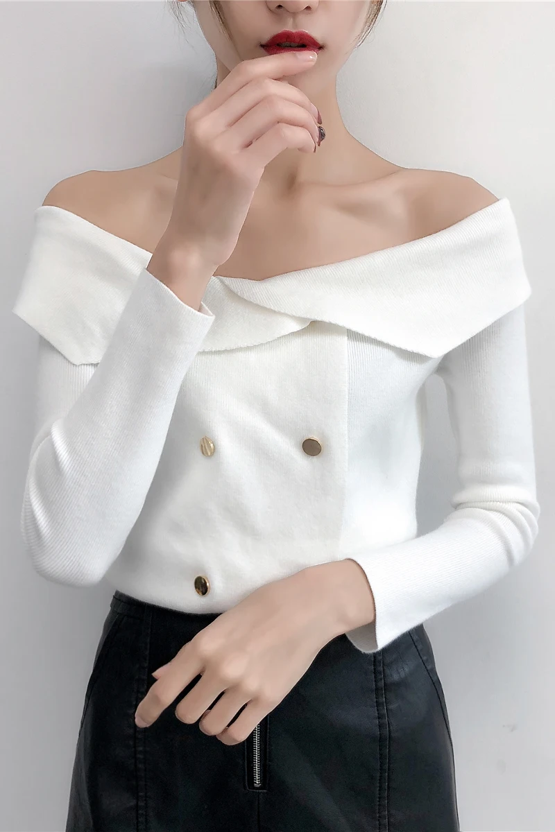 Осень-зима новое слово воротник Off-the-shoulder пикантные свитер женский сладкий