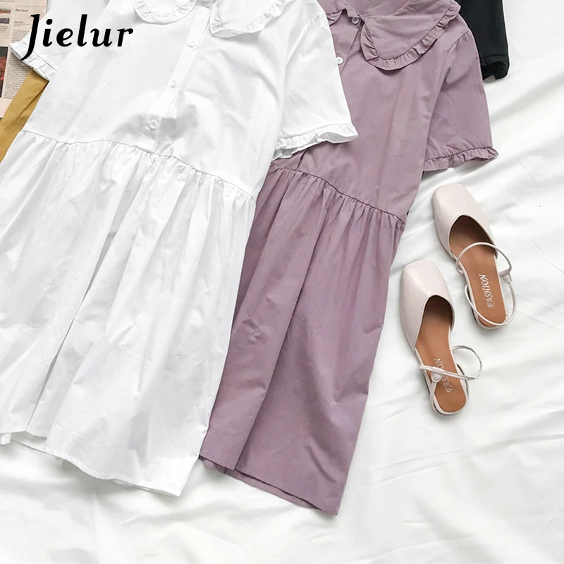 Jielur 2019 Summer Dress Women Single-breasted Pure Color Vintage Dresses Female Sweet Cute Girls Loose Purple Yellow Vestidos | Женская