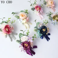 yo cho wedding boutonniere bride wrist corsage artificial rose flower groom brooch pins wedding meeting party personal decor