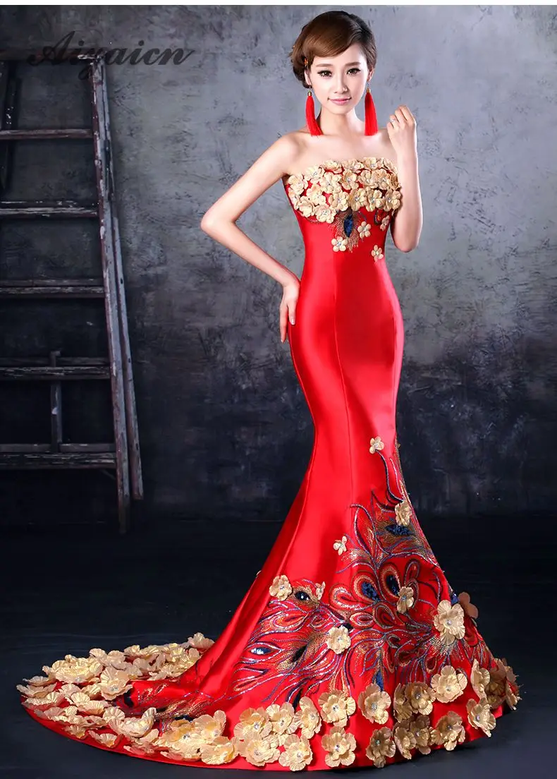 Красное традиционное китайское свадебное платье в стиле русалки Cheongsam, женское платье, элегантное вечернее платье в виде рыбьего хвоста, цветочное сексуальное платье без бретелек