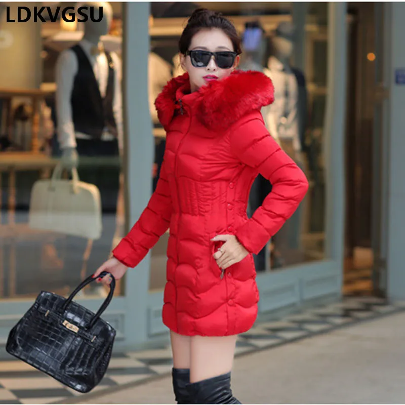 Женская Длинная зимняя куртка с хлопковой подкладкой и капюшоном размеры до