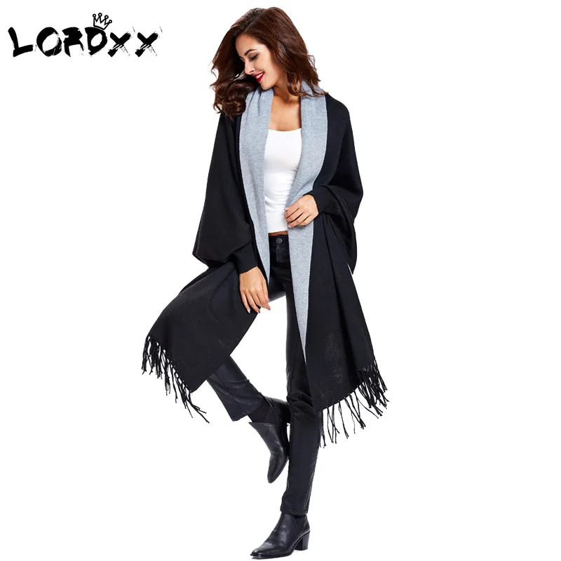 

LORDXX Woman Cardigan Sweater Black Sweater Woman's Cardigan Cashmere Poncho Capes Duplex Shawl Cardigans Sweater With Tassel