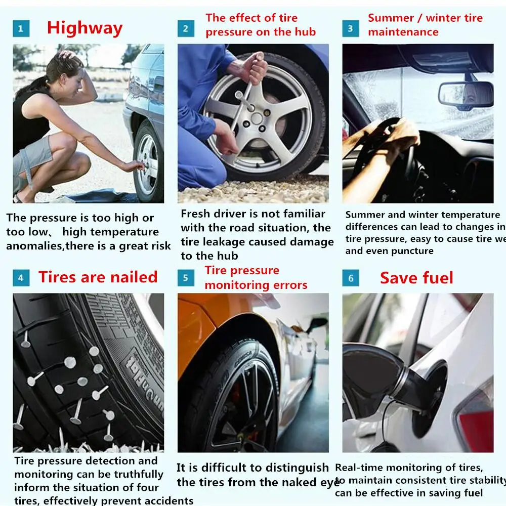 

Solar TPMS Car Tire Pressure Alarm Monitor System Display 4 Internal Sensor Temperature Warning Tyre Real-time Security Alarm