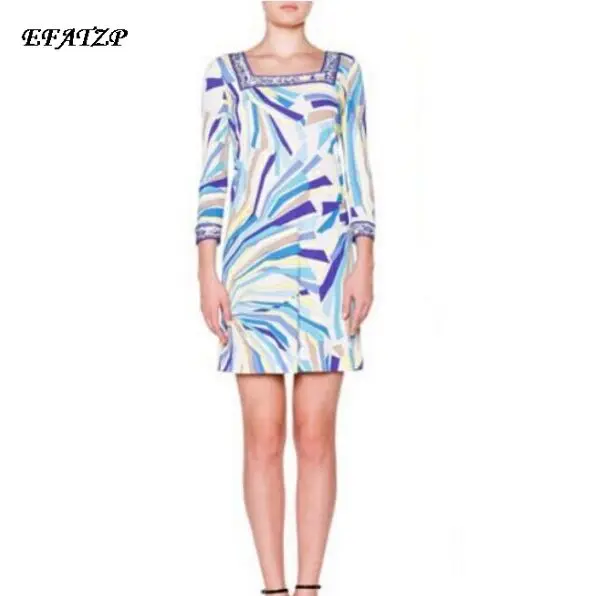 Новинка 2017 модное женское платье с геометрическим принтом квадратным вырезом и