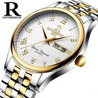 ontheedge gold watch roman index gold bezel date and week function japanese quartz stainless steel business watch