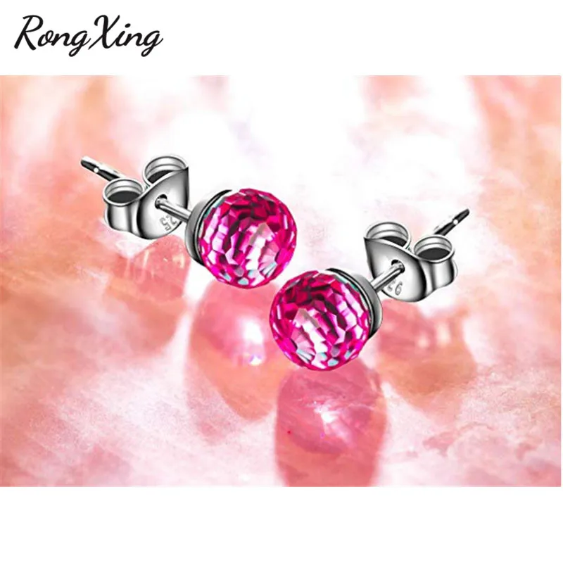 Pink RongXing мистические Разноцветные серьги-гвоздики с хрустальными шариками для женщин, 925 серебряные серьги с радужным цирконием, свадебные ювелирные изделия - Окраска металла: Pink