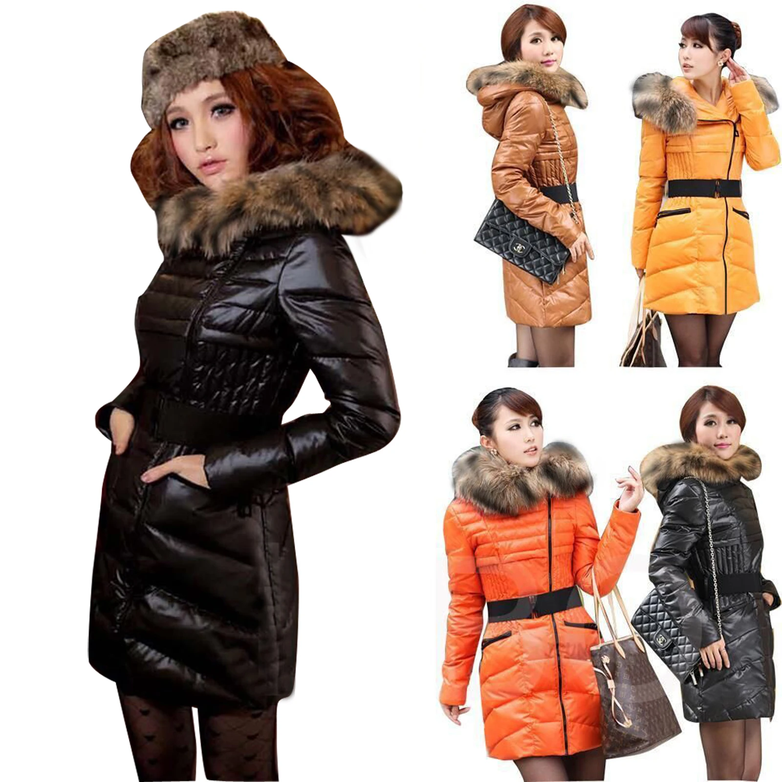 

New Brand Winter fur collar coat thick women's Long jacket parka jacket With Belt High Quality Warm Slid Solid overcoat