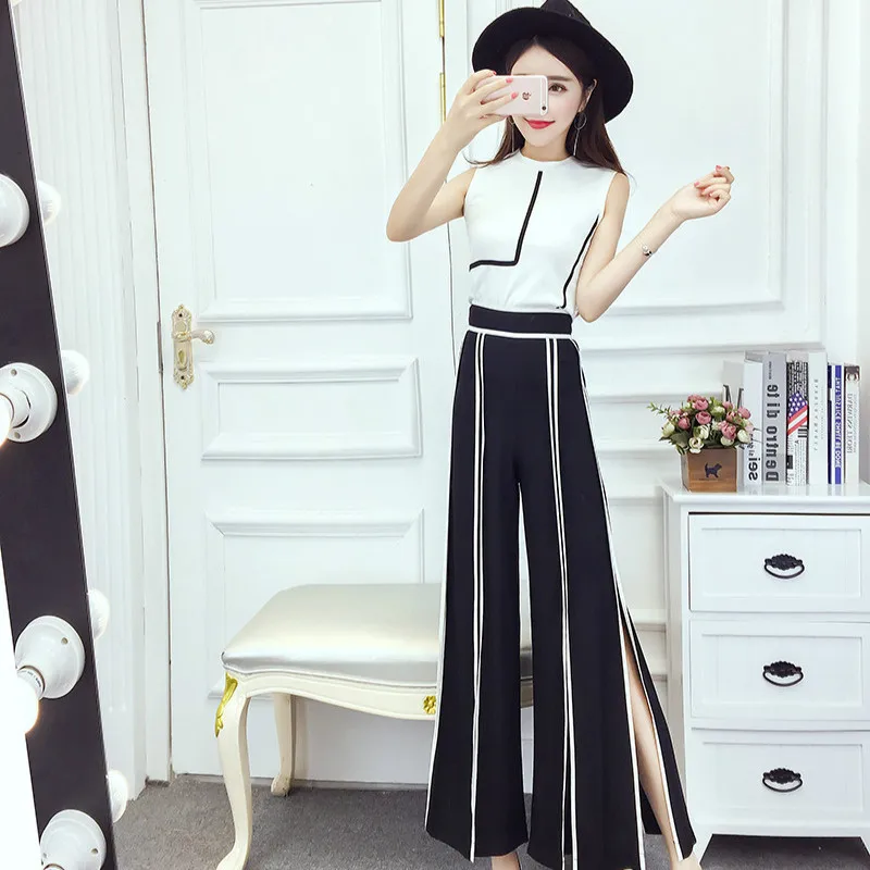 

Set female 2019 summer new fashion Slim shirt high waist was thin slit wide leg pants temperament wild women's two-piece suit