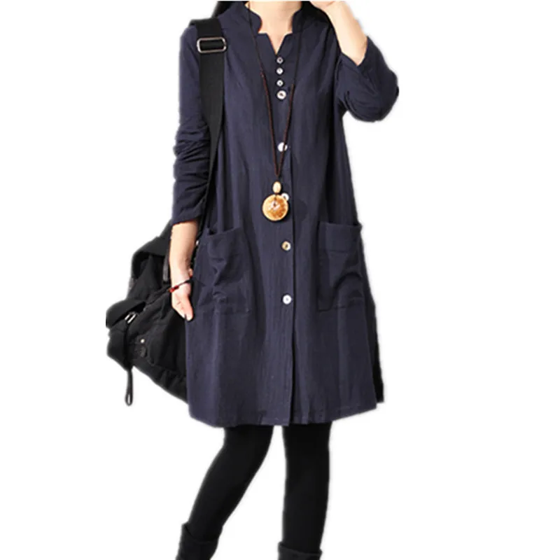 Платье-рубашка женское из хлопка и льна с V-образным вырезом карманами | Женская