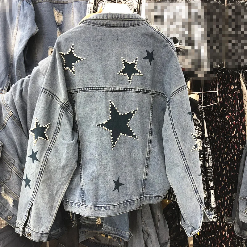 Весна осень женские новые ковбойские пальто модные бусины пентаграмма джинсовая куртка женские свободные джинсы куртки верхняя одежда повседневная Feminino