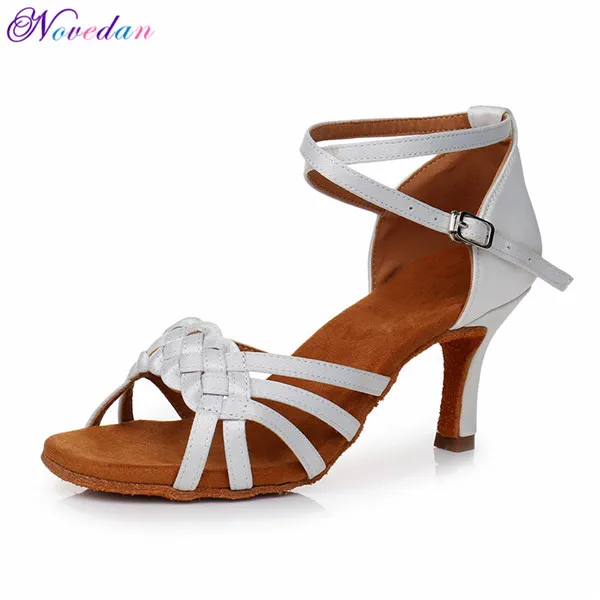 White 7cm Heel Женская обувь для девочек, красный, белый каблук средней высоты, 5 см, 7 см, атлас, танго, Самба, латинский, бальный, сальса, танцевальная обувь для женщин - Цвет: White 7cm Heel