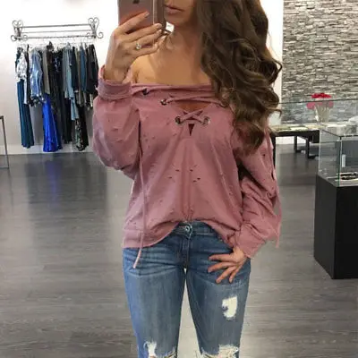 Женские футболки с длинным рукавом и открытыми плечами 2017 Осенняя новая футболка