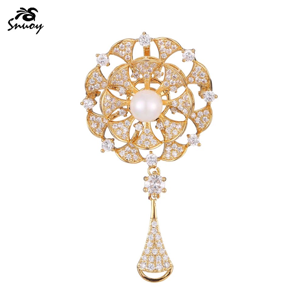 Snuoy Fashion Flower Brooches For Women and Pins Golden Zircon Brooch for Friends Gifts Shirt Suit Accessories | Украшения и