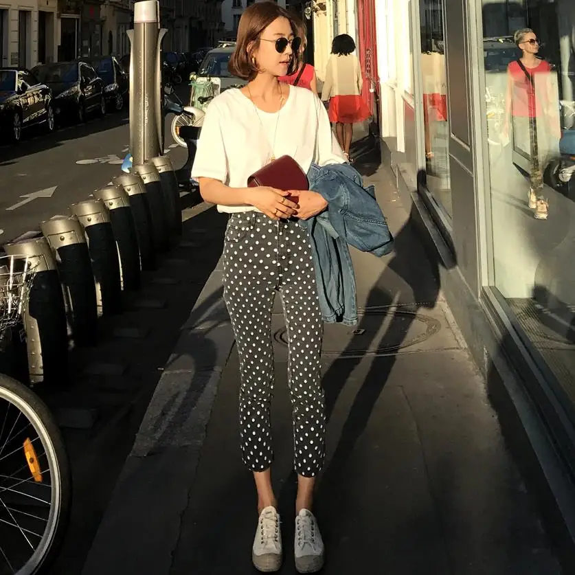 Женские облегающие джинсы с высокой талией карандаш в горошек 2019|dot jeans|pencil jeansjeans