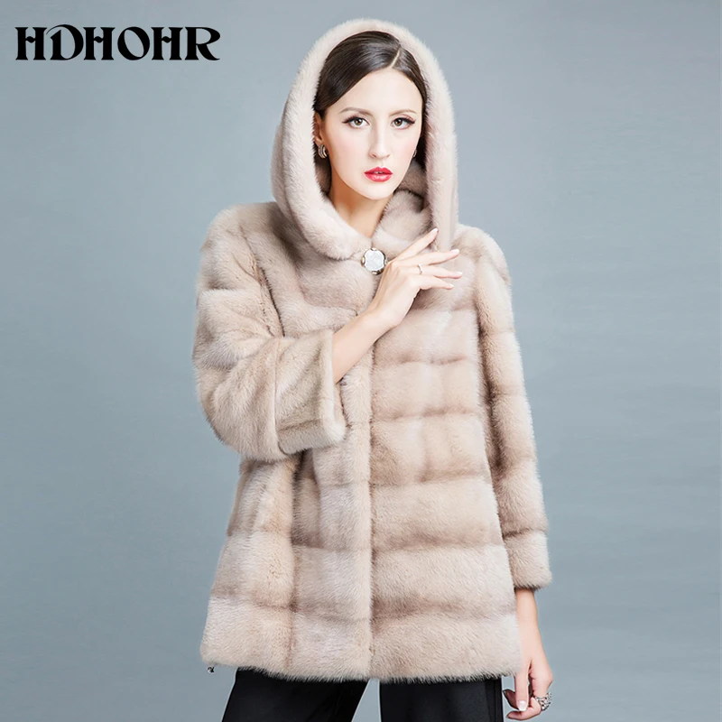 Женские шубы с капюшоном HDHOHR теплые из натурального меха норки длинным рукавом