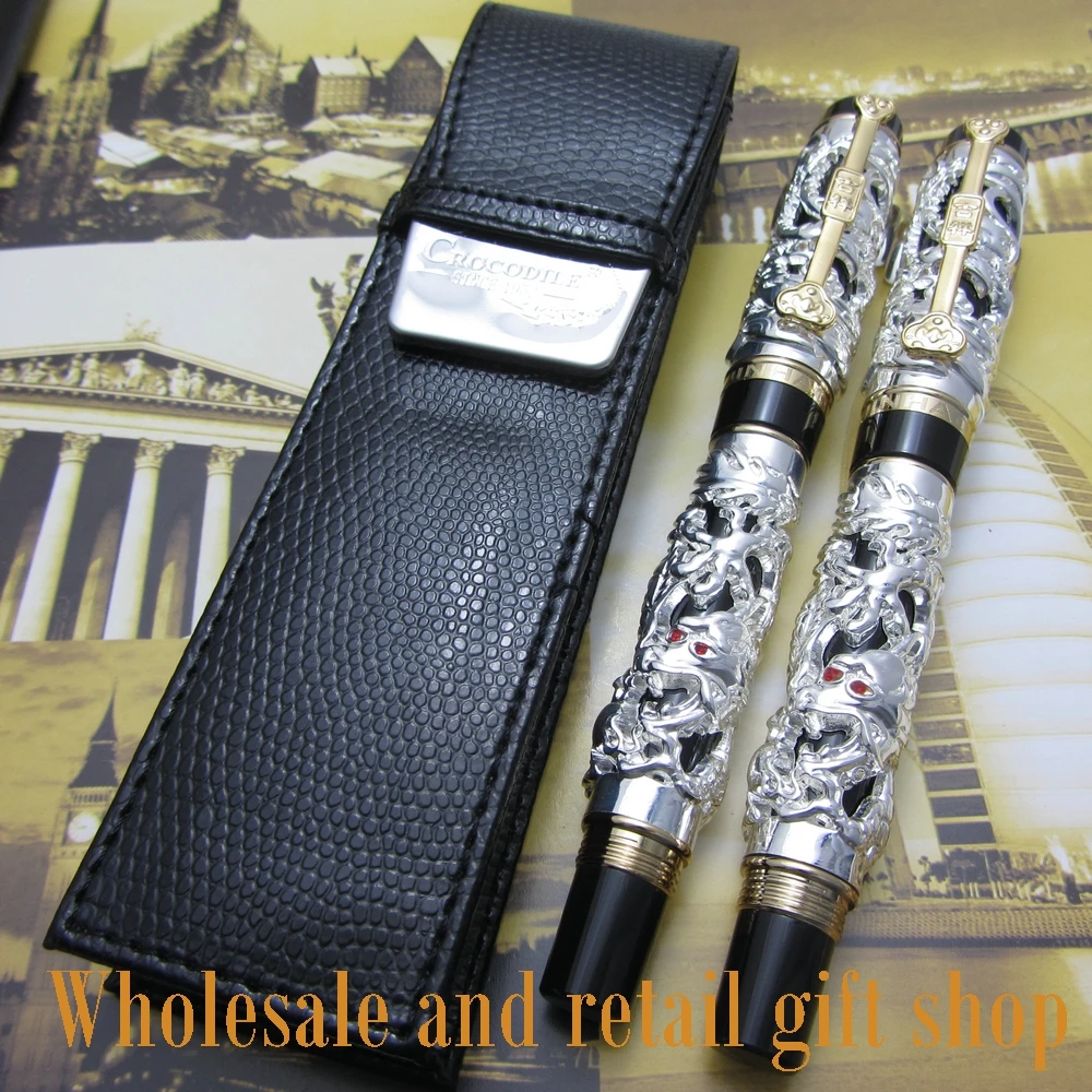 2pcs pen Jinhao Dragon Phoenix Heavy Silver Chinese Classical Luck Clip and pen bag free shipping