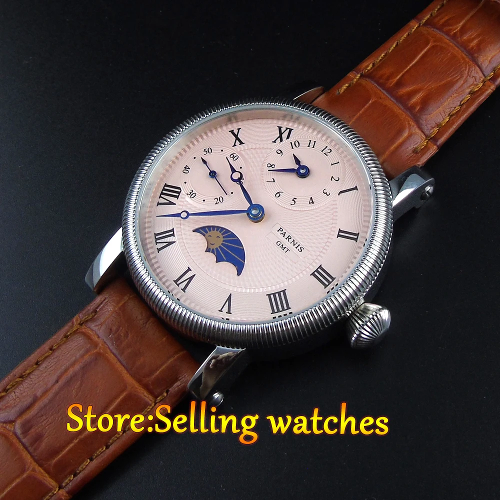 42 мм Мужские часы parnis с розовым циферблатом GMT Moon Phase