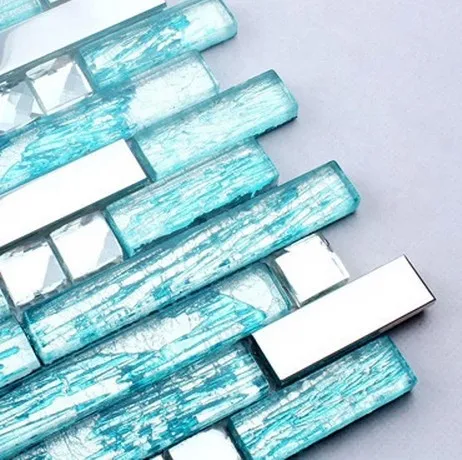 Длинная и Короткая синяя стеклянная Смешанная металлическая мозаичная плитка из