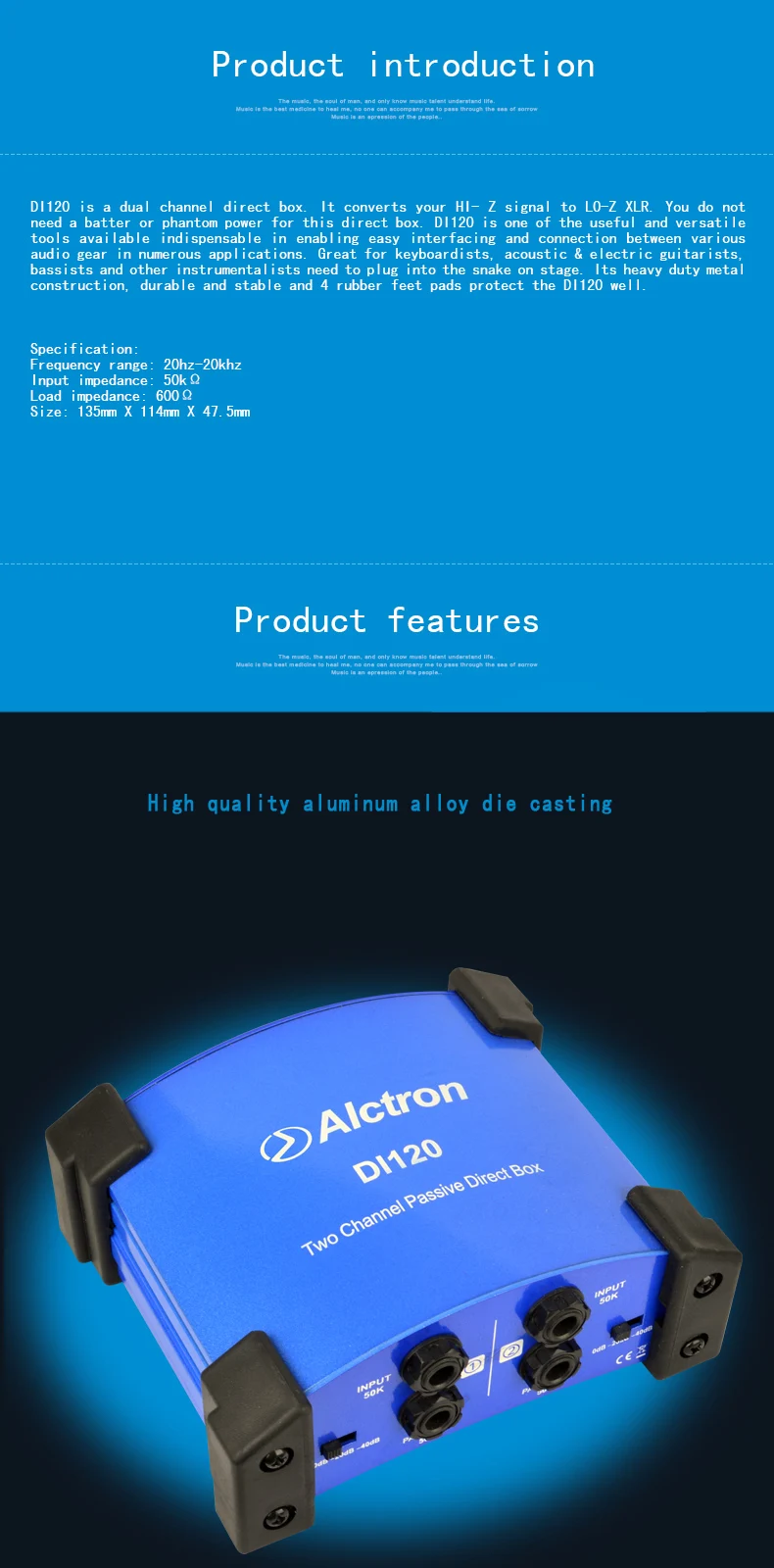 Alctron DI-120 DI Прямая Коробка Новое поступление пассивный стерео DI Прямая Коробка 2 канала Alctron DI120