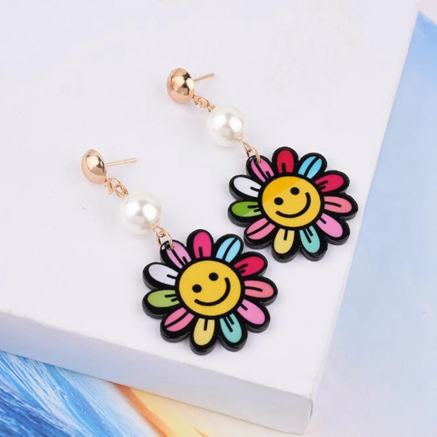 

DiLiCa Fashion Smile Flower Statement Earrings Simulated-pearl Zinc Alloy Jewelry Earring Women Geometric Drop Dangle Earrings