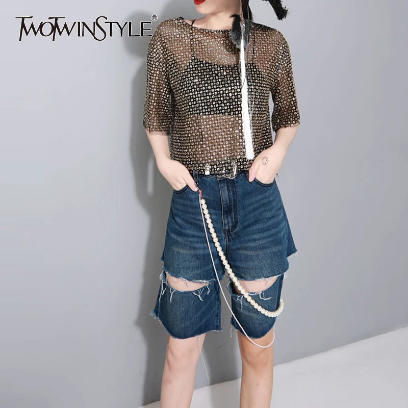 Женская футболка в горошек TWOTWINSTYLE с блестками короткий рукав сетчатые