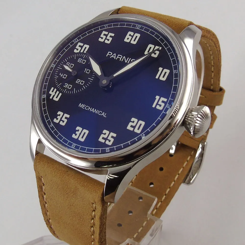 

44mm Parnis Black Dial Leather strap Luminous mark 17 jewels 6497 Hands Winding Movement men's Watch Luminous Index