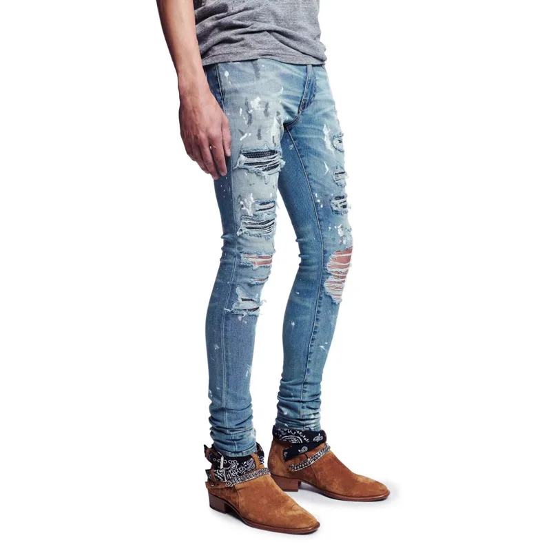 New Male Ripped Skinny Bike Jeans Men Destroyed Hole Hip Hop Slim Fit Denim High Quality Trousers Pants | Мужская одежда