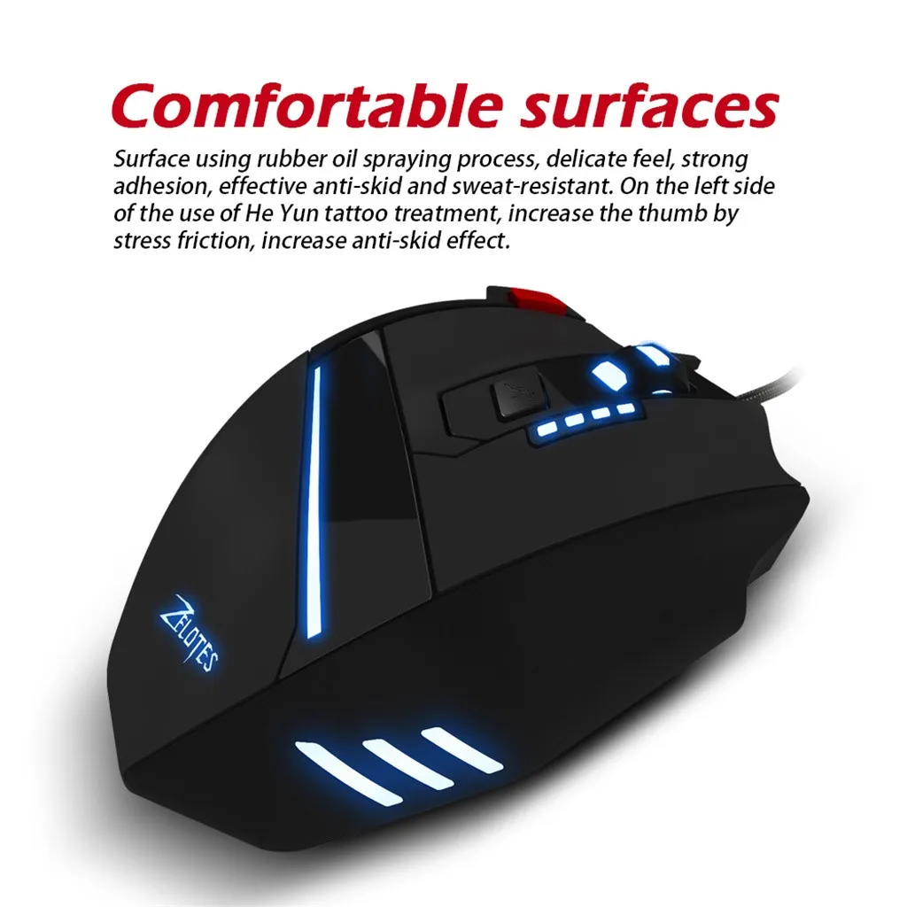 Для ZELOTES T-60 Проводная игровая мышь 7200 dpi 7 кнопок USB СВЕТОДИОДНЫЙ цветной кабель игровая мышь и мыши для ПК ноутбука