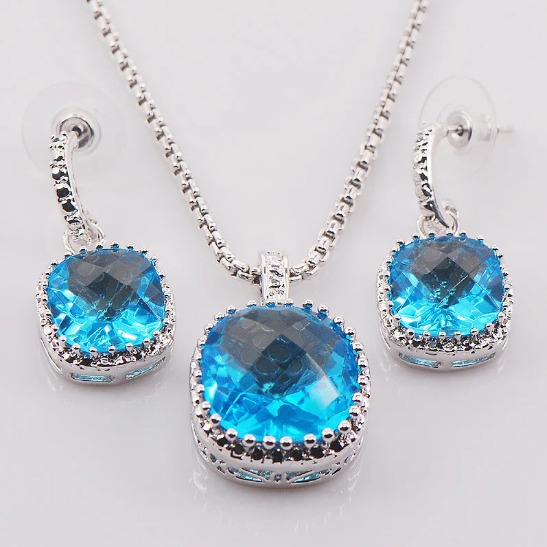 

New Simulated Aquamarine Woman 925 Sterling Silver Crystal Pendant Earrings TT441