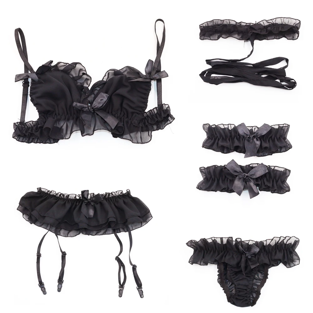 

Womens Sexy Black & White Chiffon Lingerie Set Lolita Ruche Ondergoed Slipje Bondage Kawaii Nachtkleding Caitsuit Kostuum