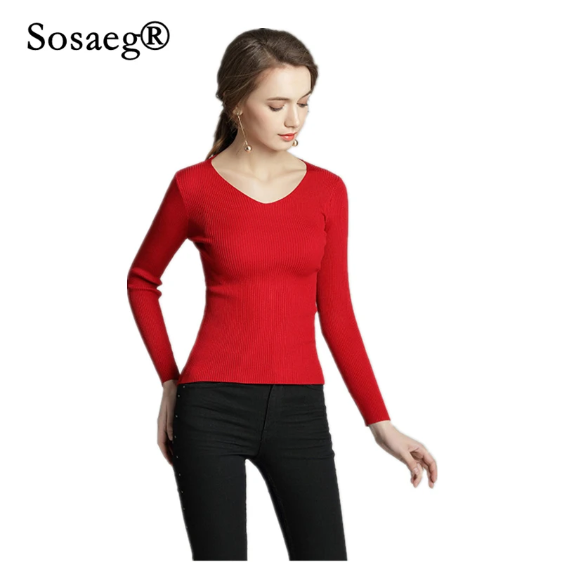 Sosaeg Winter Autumn 2018 New Fashion Women's Sweater Tight Elasticity Knitted V Neck Long Sleeve Thin Tops pullover | Женская