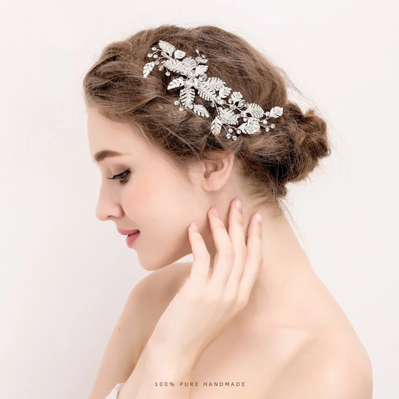 2019 New Luxurious Silver Leaf Crystal Bridal Hairpin Rhinestone Headband Headpiece Hair Ornaments Tiara Wedding Jewelry | Украшения и