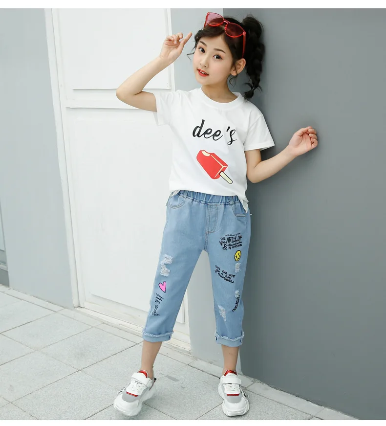 Комплекты одежды для девочек-подростков летняя одежда для девочек футболка+ джинсы комплект из 2 предметов детская одежда для девочек, спортивный костюм детская одежда
