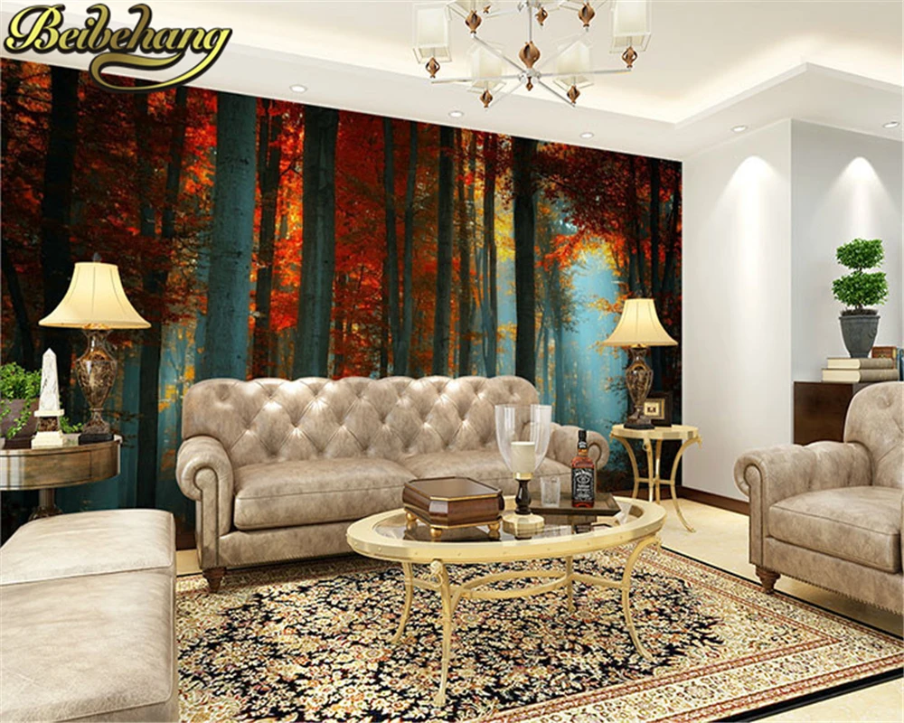 beibehang birch tree forest autumn red leaves pattern decals large room papel de parede 3d wall paper room wallpaper landscape