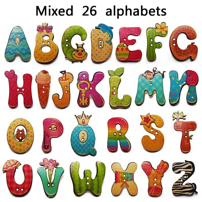 Mixed 26 Alphabets ZIEENE 5 шт-50 шт смешанный мультфильм 26 цветов картина большой Алфавит A-Z деревянные пуговицы для шитья Скрапбукинг для детей ручной работы - Цвет: Mixed 26 Alphabets