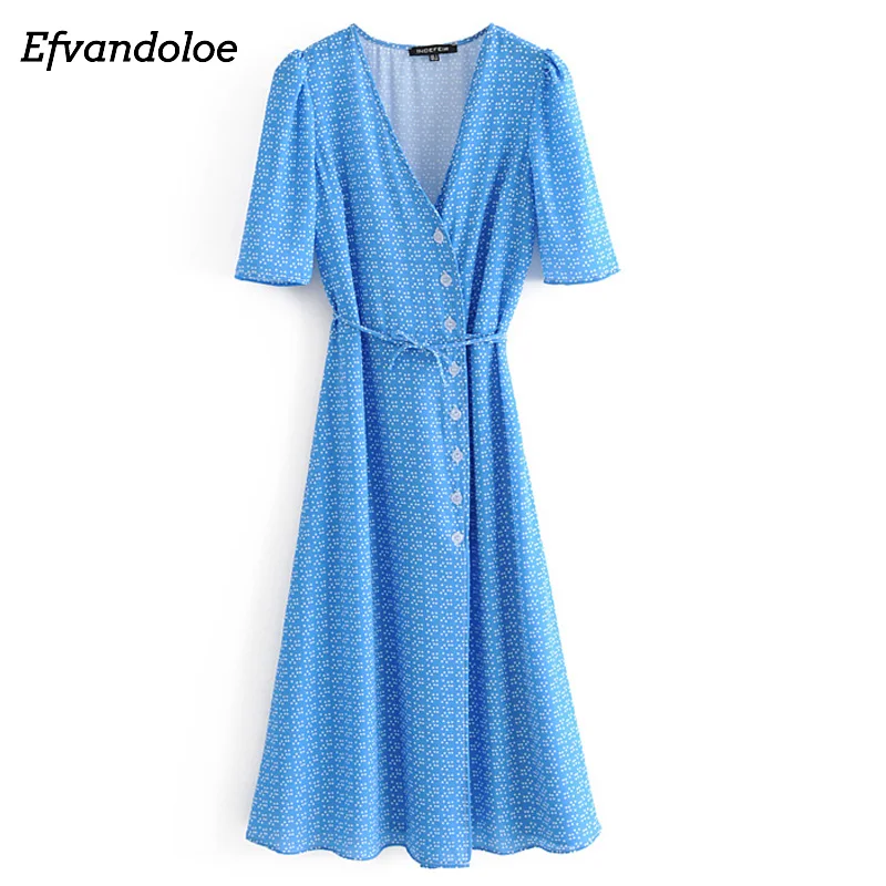 

Efvandoloe Dot Office Midi Dress Women V Neck Korean formal elegant ladies dresses Summer 2019