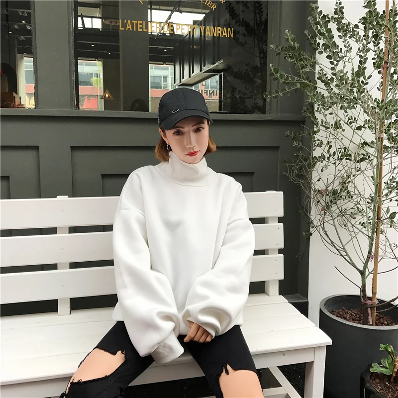 YouGeMan зимние теплые толстовки для женщин Одежда корейский Ulzzang Harajuku Бархат Водолазка пуловер кофты женские свободные топы