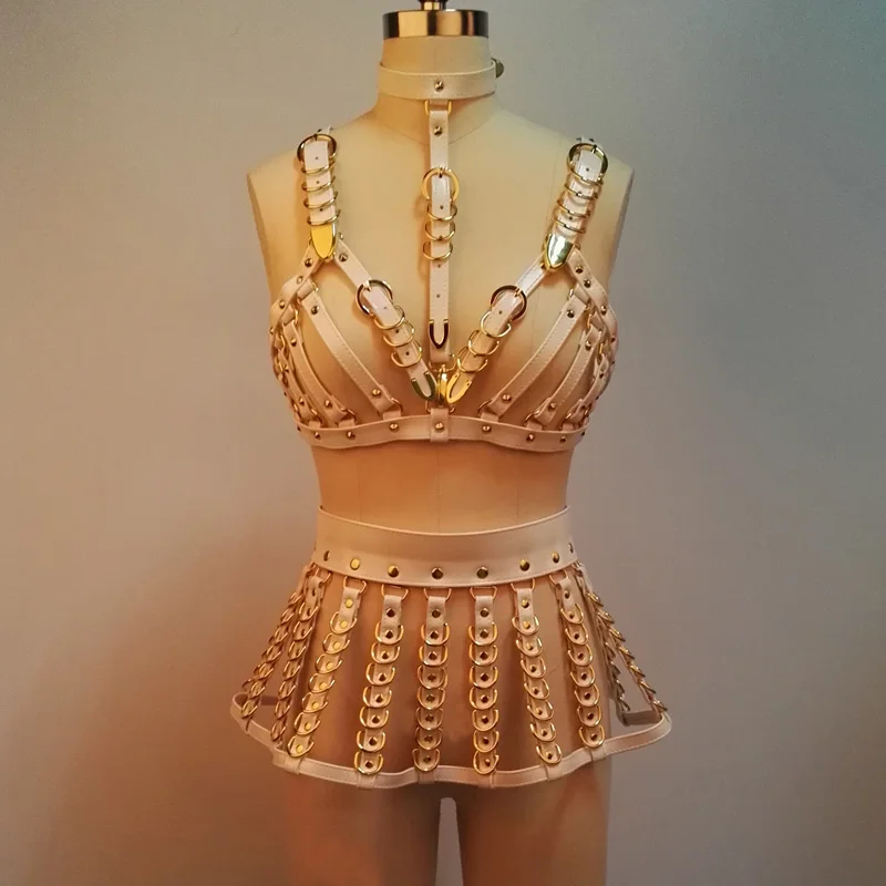 100% Handcrafted PU Leather Gold Bra Women Harness Punk Gothic Sexy Choker Top Chest Bondage Waist Skirt Belt Skirted Belts
