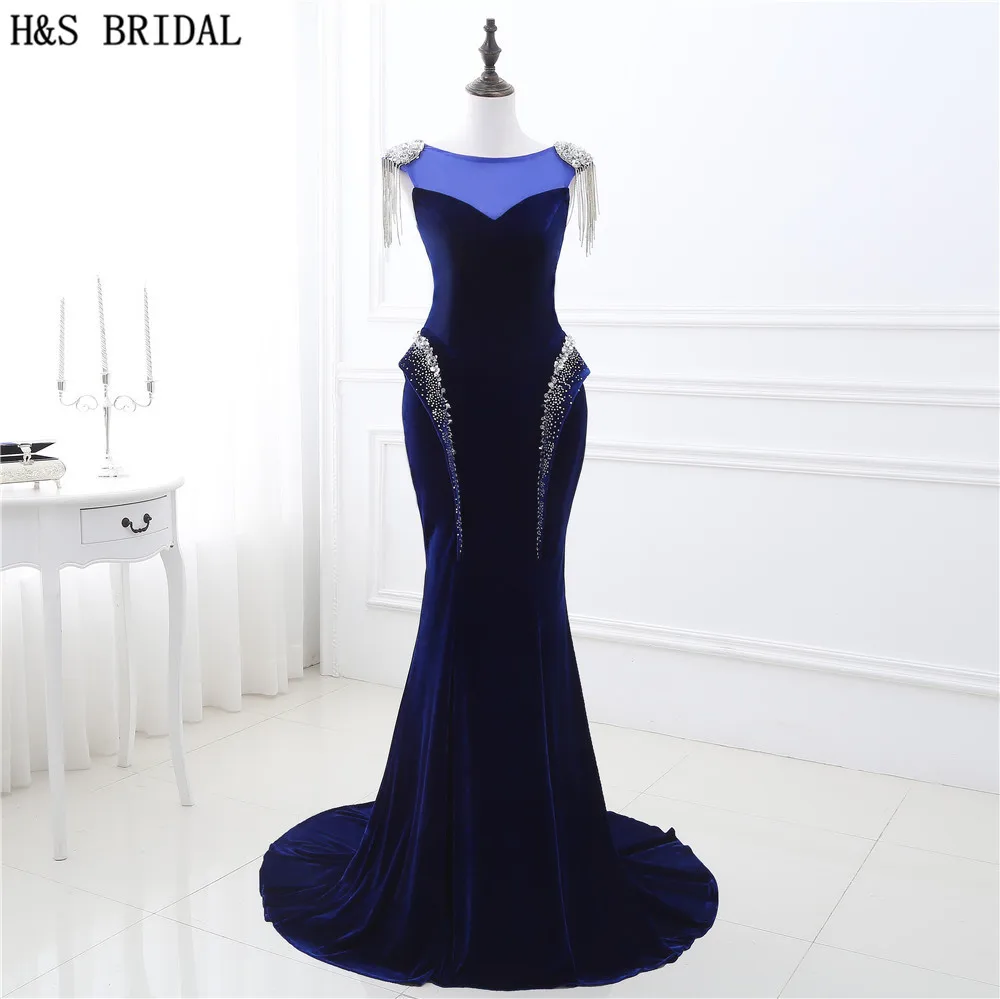 

Dark Blue mermaid evening dress long Sheer Neck formal evening dresses Sexy Beaded Evening Party Backless Lace Up Prom Dresses