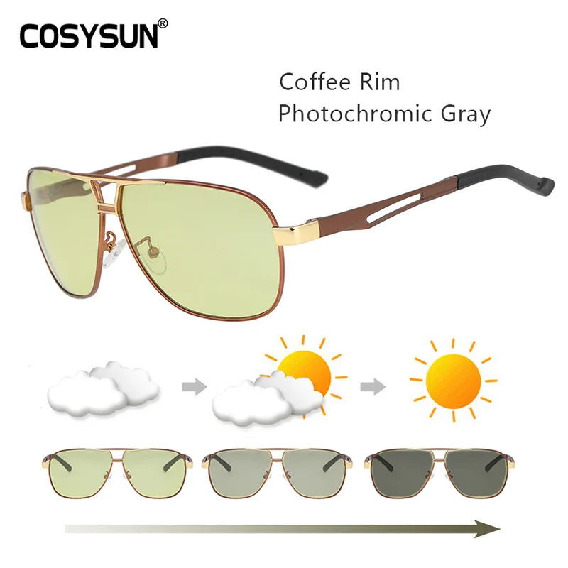 Coffee Rim to Gray Всесезонные фотохромные очки, мужские солнцезащитные очки с большой оправой для вождения, Мужские поляризационные очки, очки для вождения автомобиля, антибликовые 521 - Цвет линз: Coffee Rim to Gray