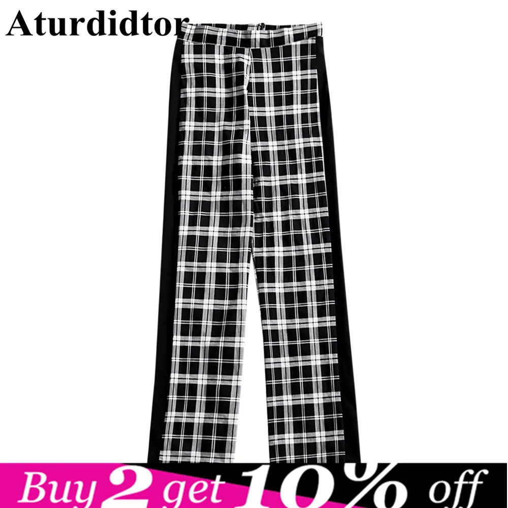 Женские длинные брюки повседневные Прямые в клетку с высокой талией и