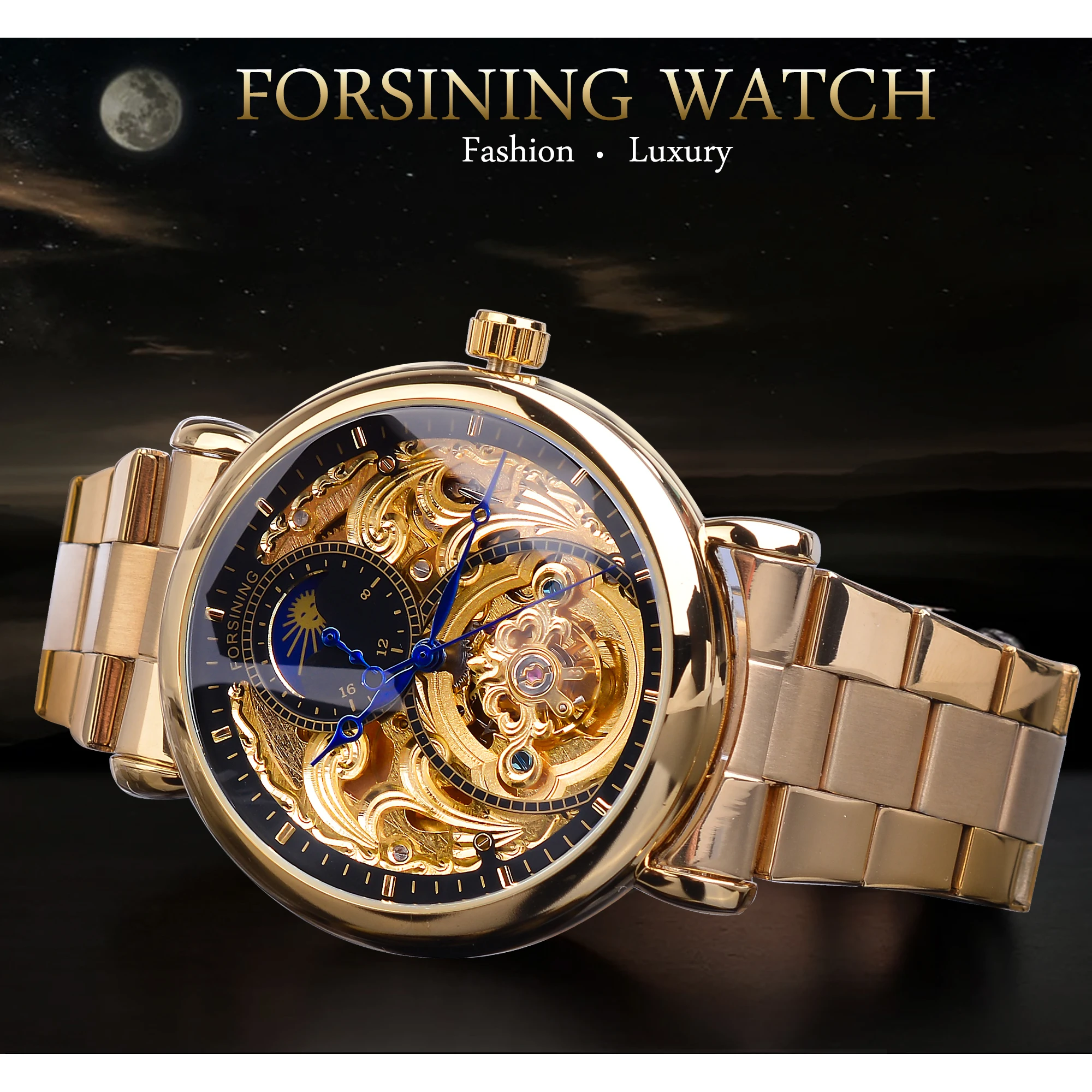 Forsining 2019 новый дизайн Moonphase золотые автоматические механические часы Tourbillion