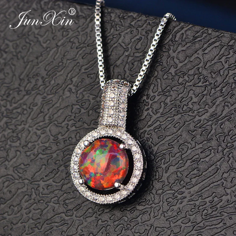 JUNXIN Female White/Green/Pink/Blue Fire Opal Necklace White Gold Filled Jewelry Simple Round Necklaces &amp Pendants For Women | Украшения