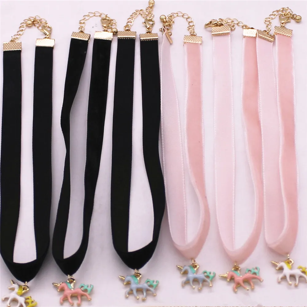 2019 черная розовая лента искусственное ожерелье в виде единорога короткая